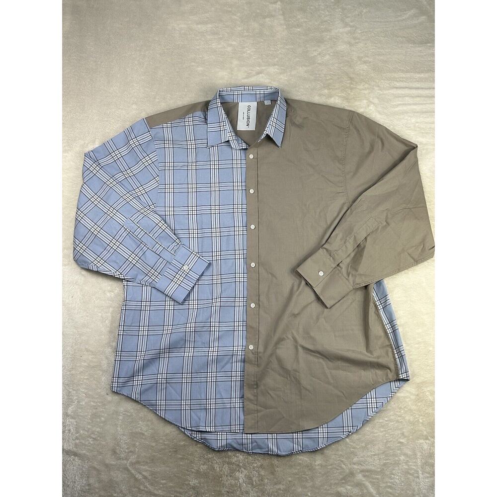 Collusion Shirt Men’s 2XL Brown Blue Plaid Long Sleeve Button Up 100% Cotton